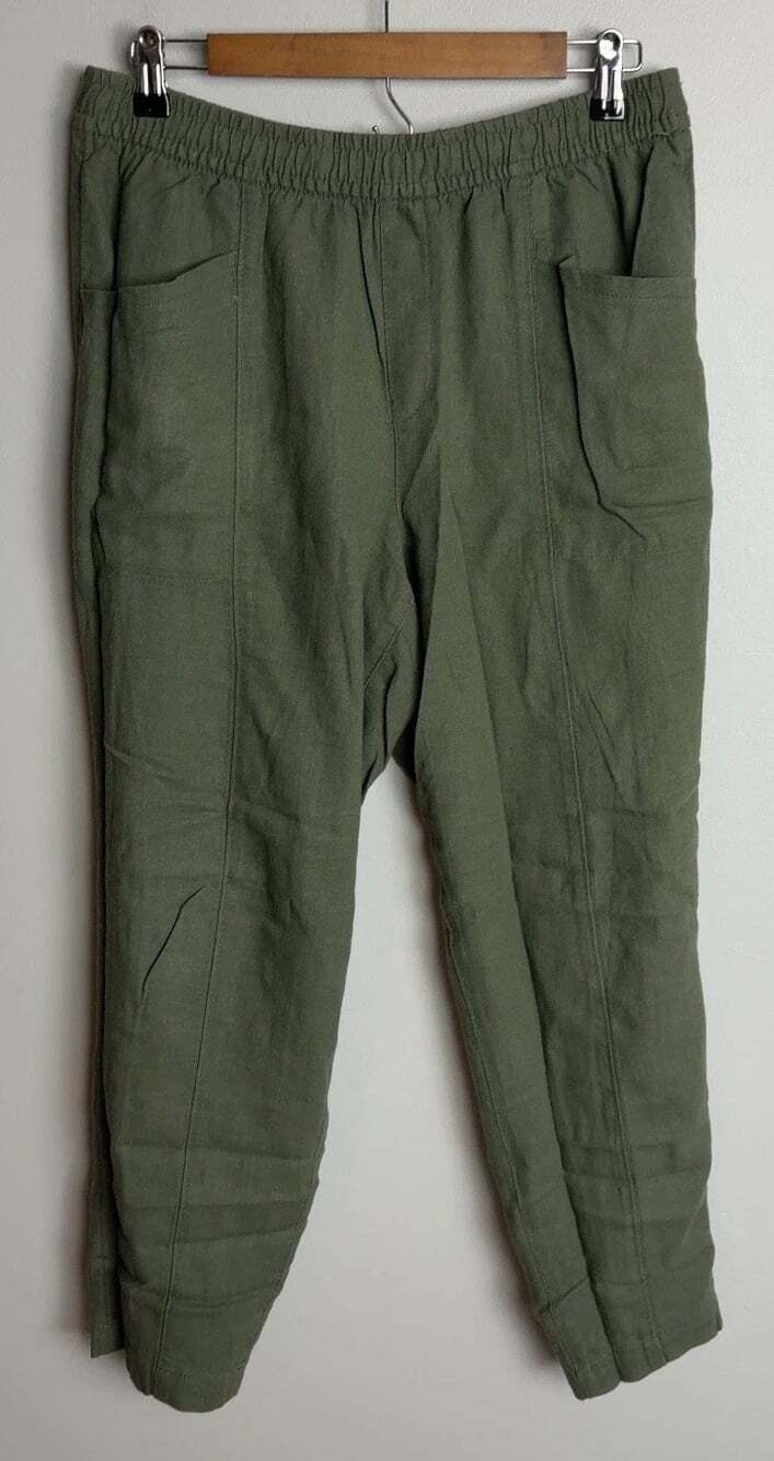 Old Navy High Rise Linen Blend Cropped Pants Size Medium Olive Green Elastic Wms